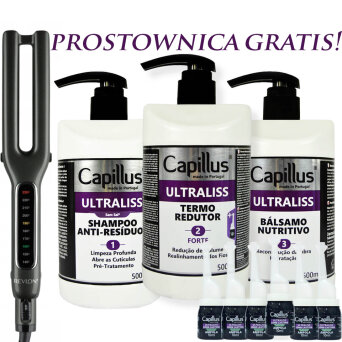 Capillus Ultraliss Forte Nanoplastia włosów - zestaw do nanoplastii szampon, serum i balsam 3x500ml + ampułki z kwasem hialuronowym 6x10ml